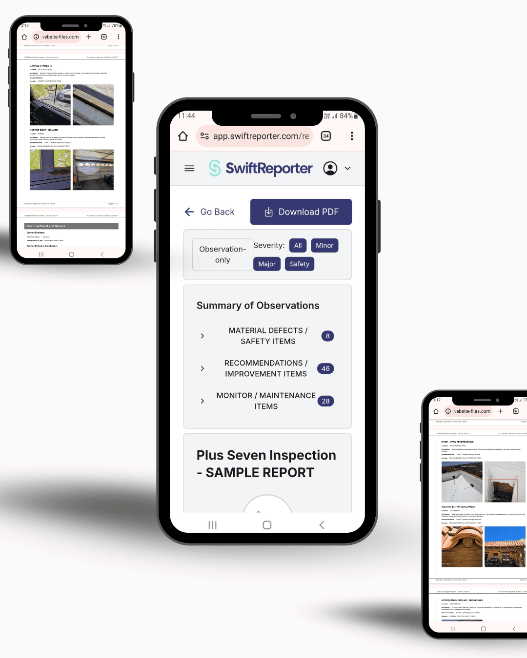 Mobile view of a SwiftReporter sample home inspection report, featuring a clean 