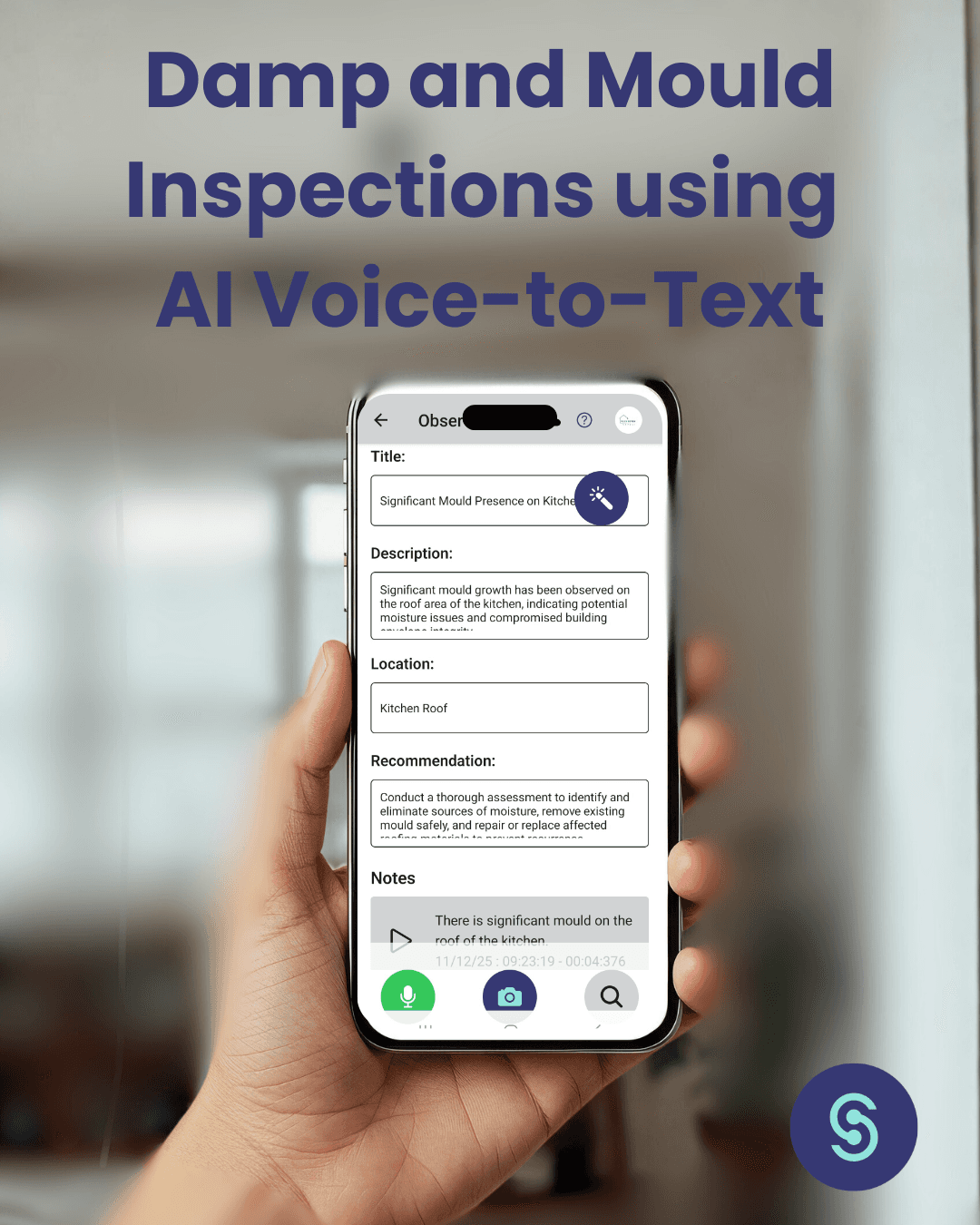 SwiftReporter and Awaab's Law Damp and Mould Inspection Checklist showing Category 1 and 2 hazard identification dropdowns for UK Social Housing.