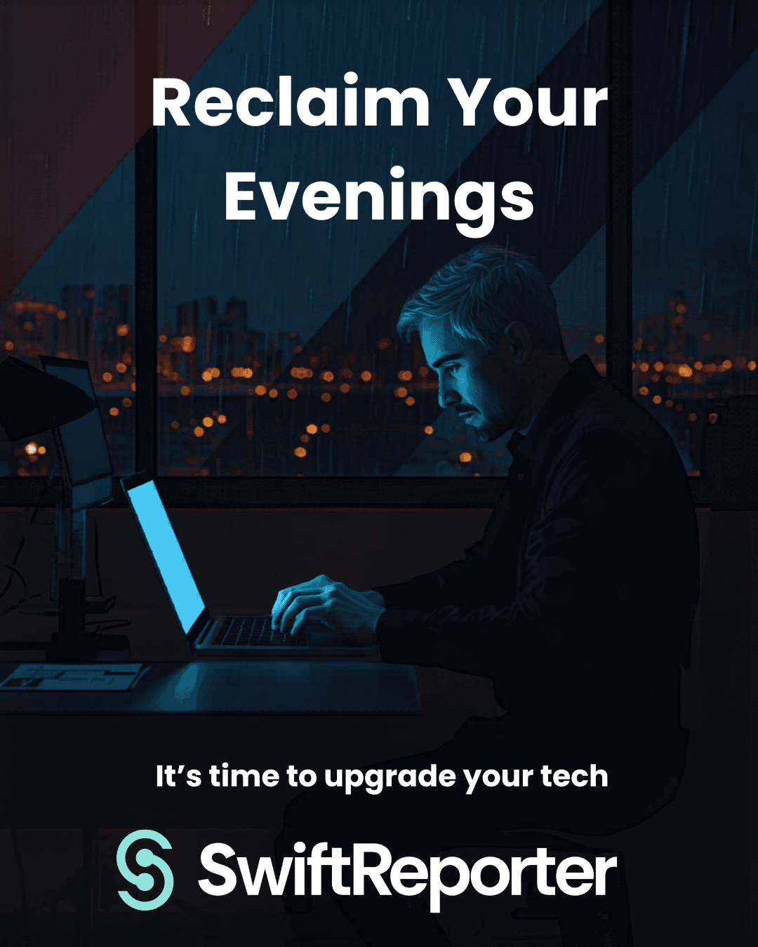 Marketing graphic of busy inspector working late at night in need of better software like SwiftReporter Software