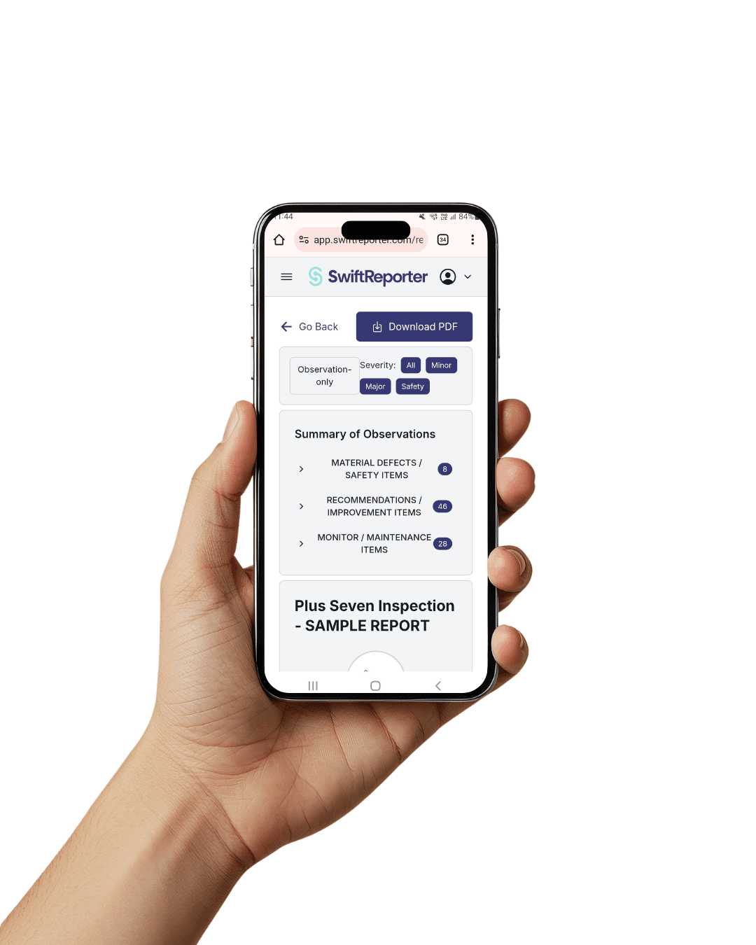 Hand holding a smartphone displaying a SwiftReporter sample inspection report, highlighting the clear 'Summary of Observations' section for major defects and safety hazards.