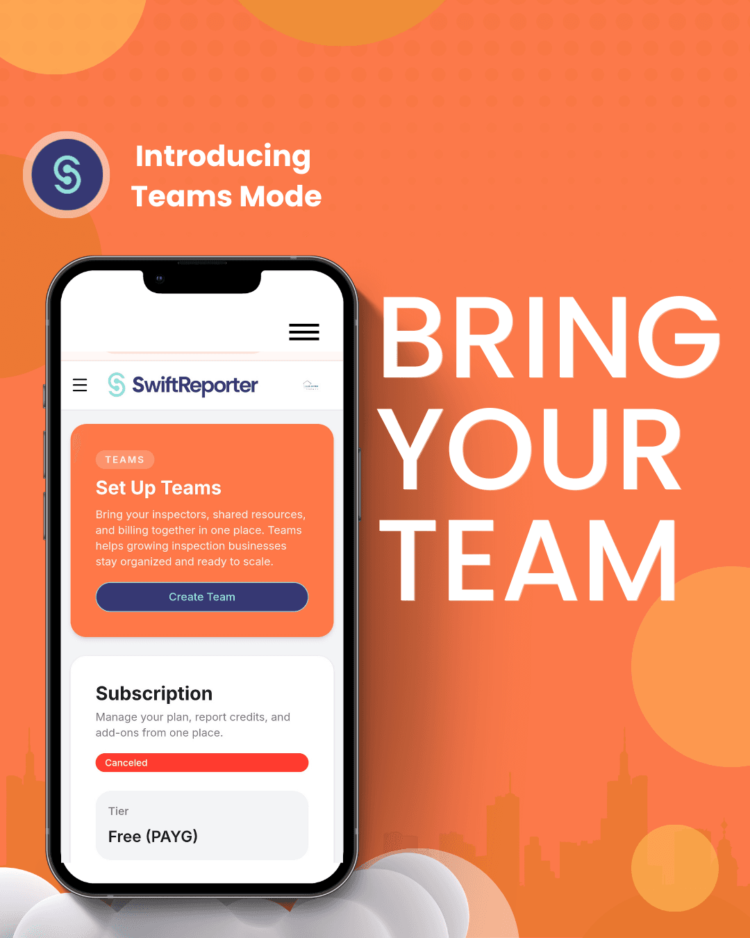 Dashboard interface of SwiftReporter AI Home Inspection software highlighting the 