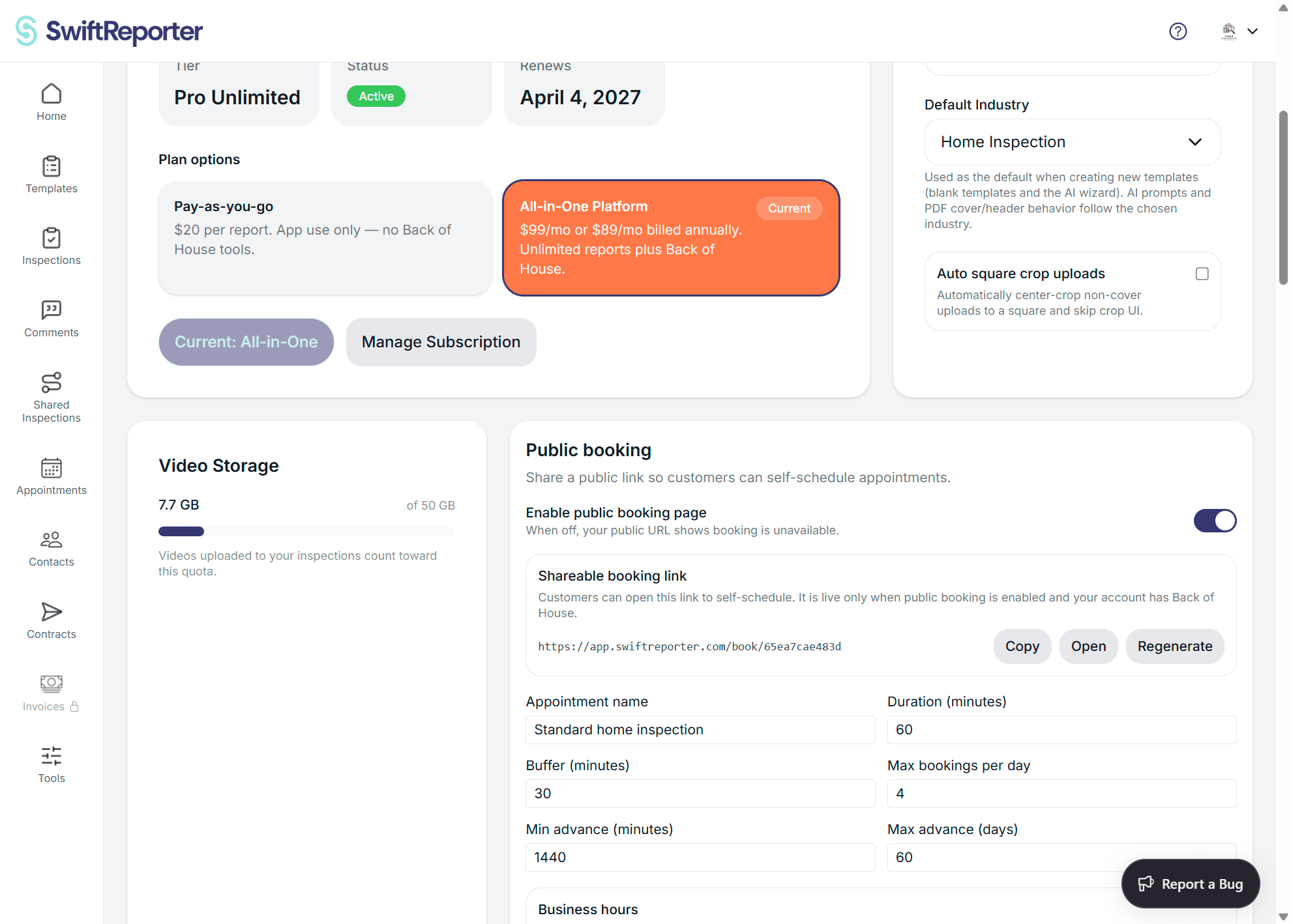 SwiftReporter public booking settings
