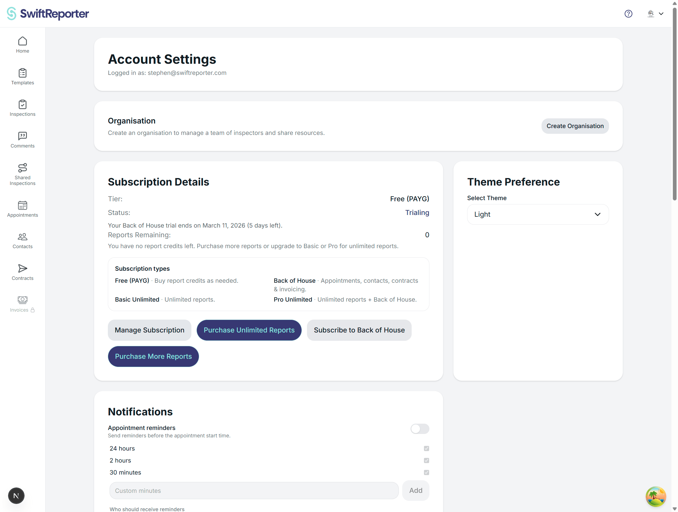 Inspector notification settings for SMS