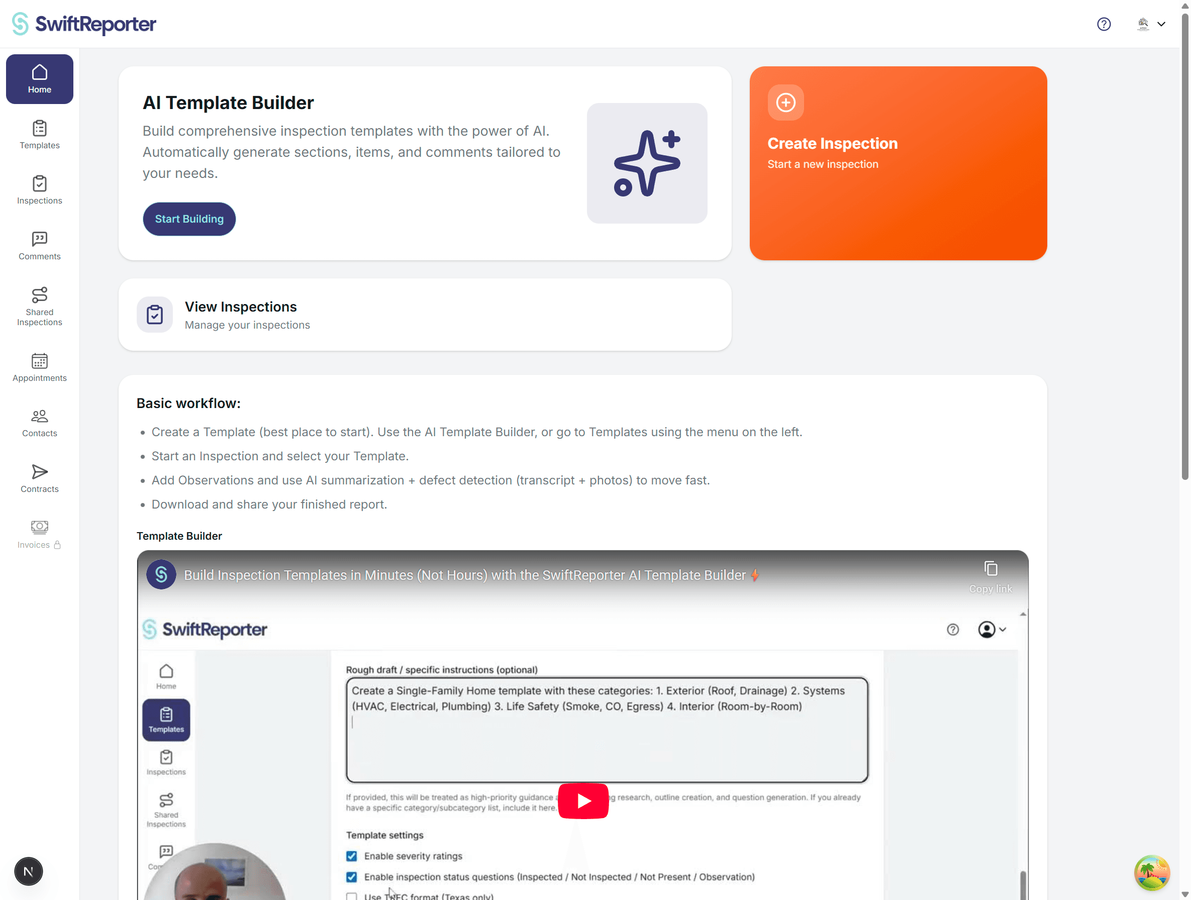 SwiftReporter navigation and dashboard