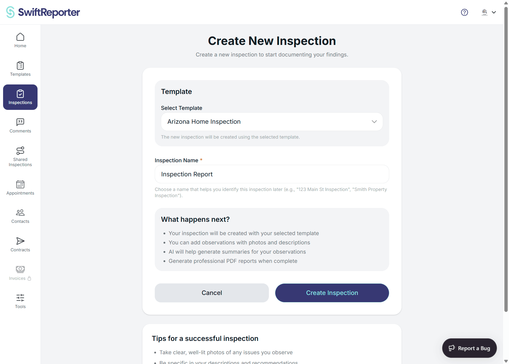 SwiftReporter create new inspection