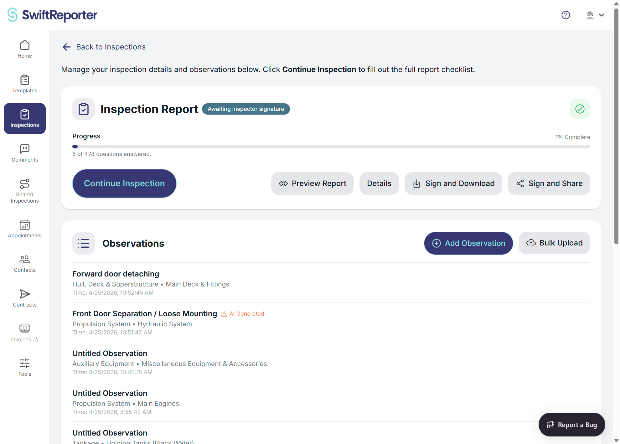 SwiftReporter inspection screen