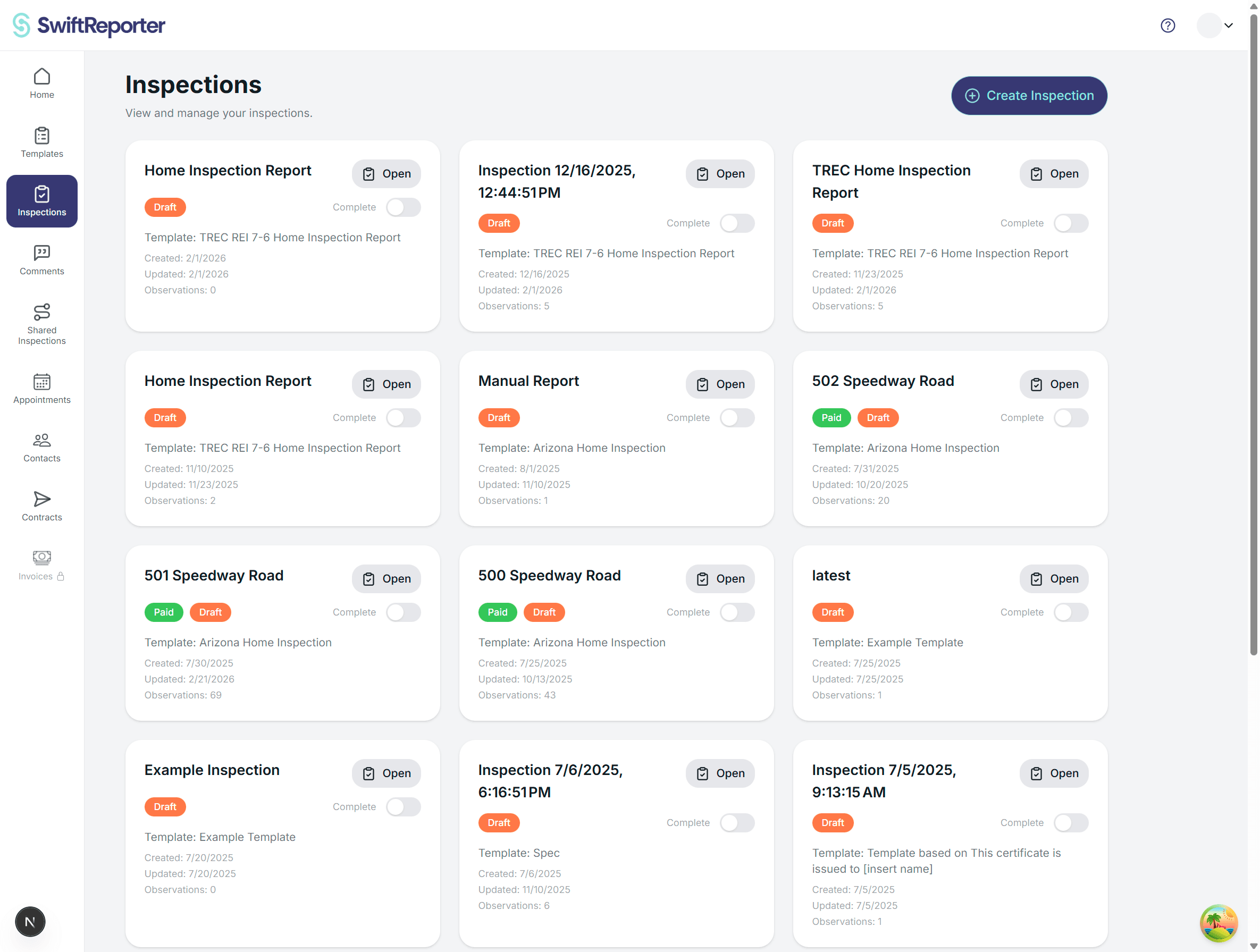 SwiftReporter inspections list