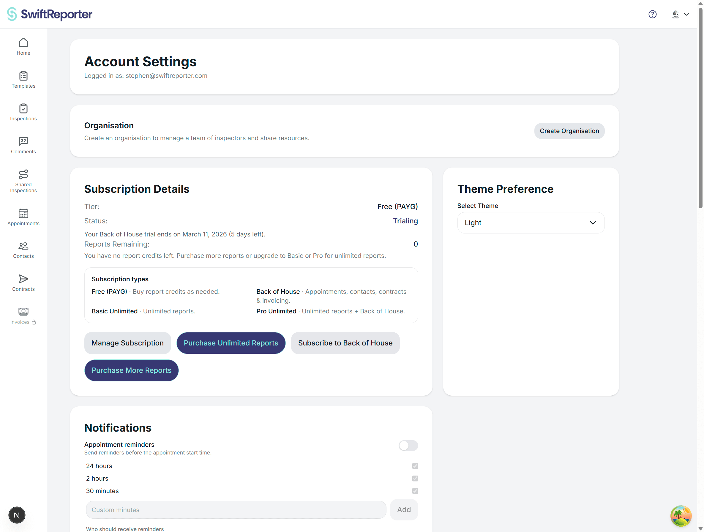 SwiftReporter settings