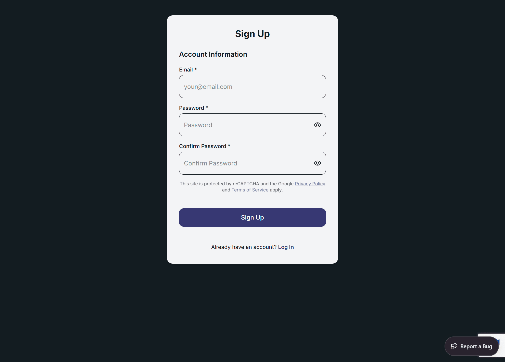 SwiftReporter sign up screen