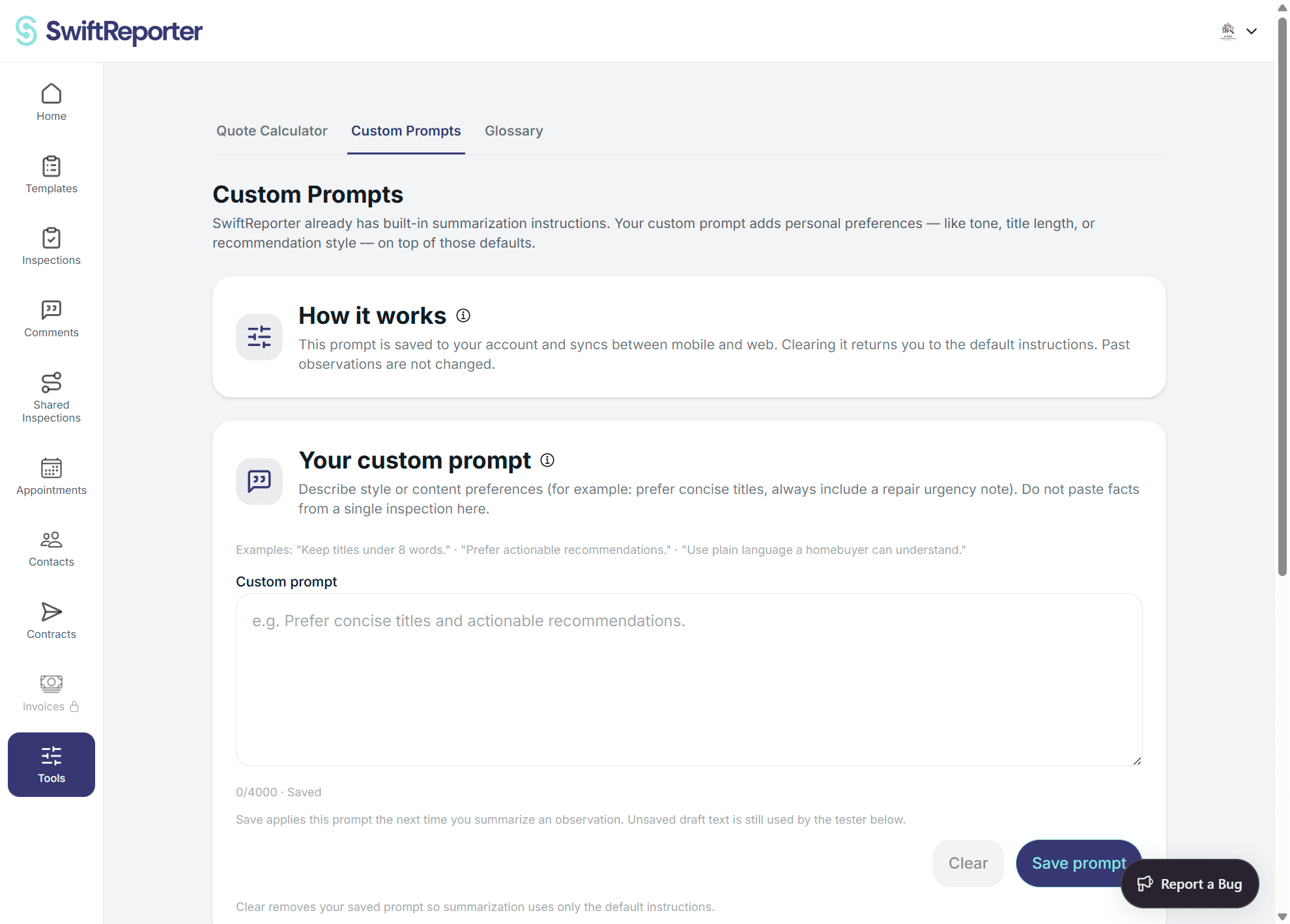 SwiftReporter custom prompts