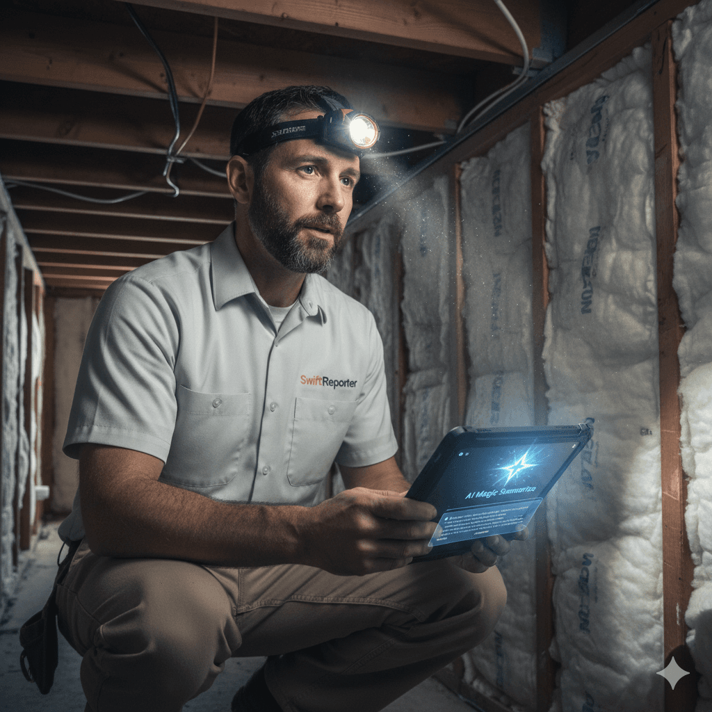 Professional home inspector using SwiftReporter AI voice dictation software on a tablet in a crawlspace to automate report writing.