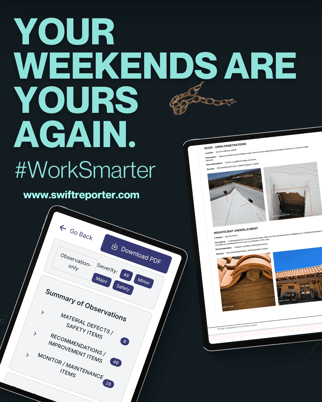 SwiftReporter mobile app on a tablet and phone showing an automated