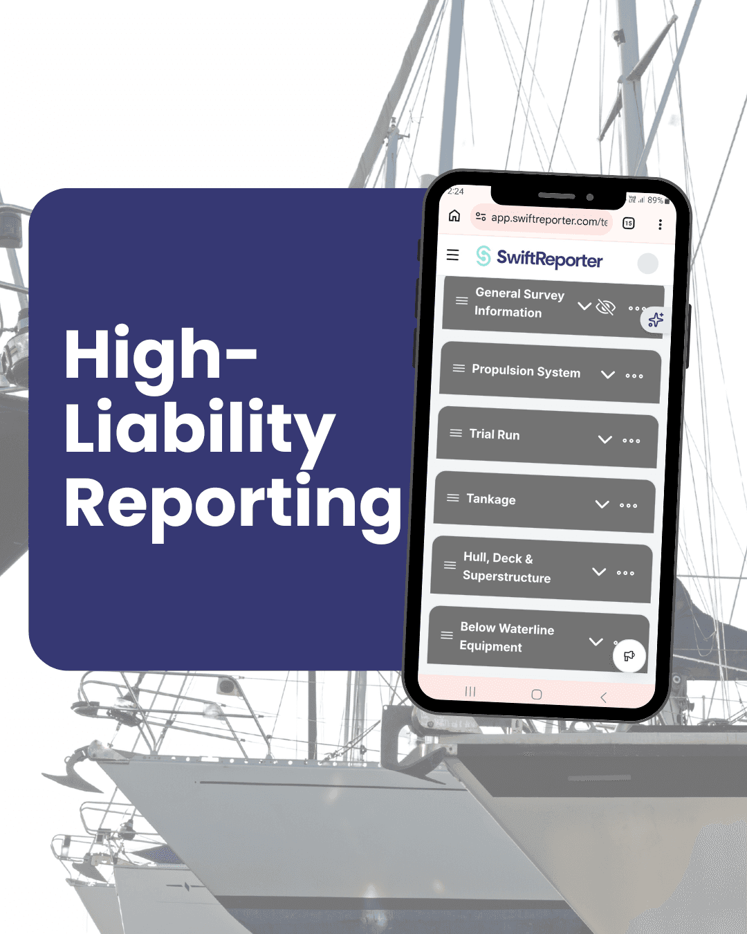 SwiftReporter marketing graphic of a marine surveying and high liability reporting