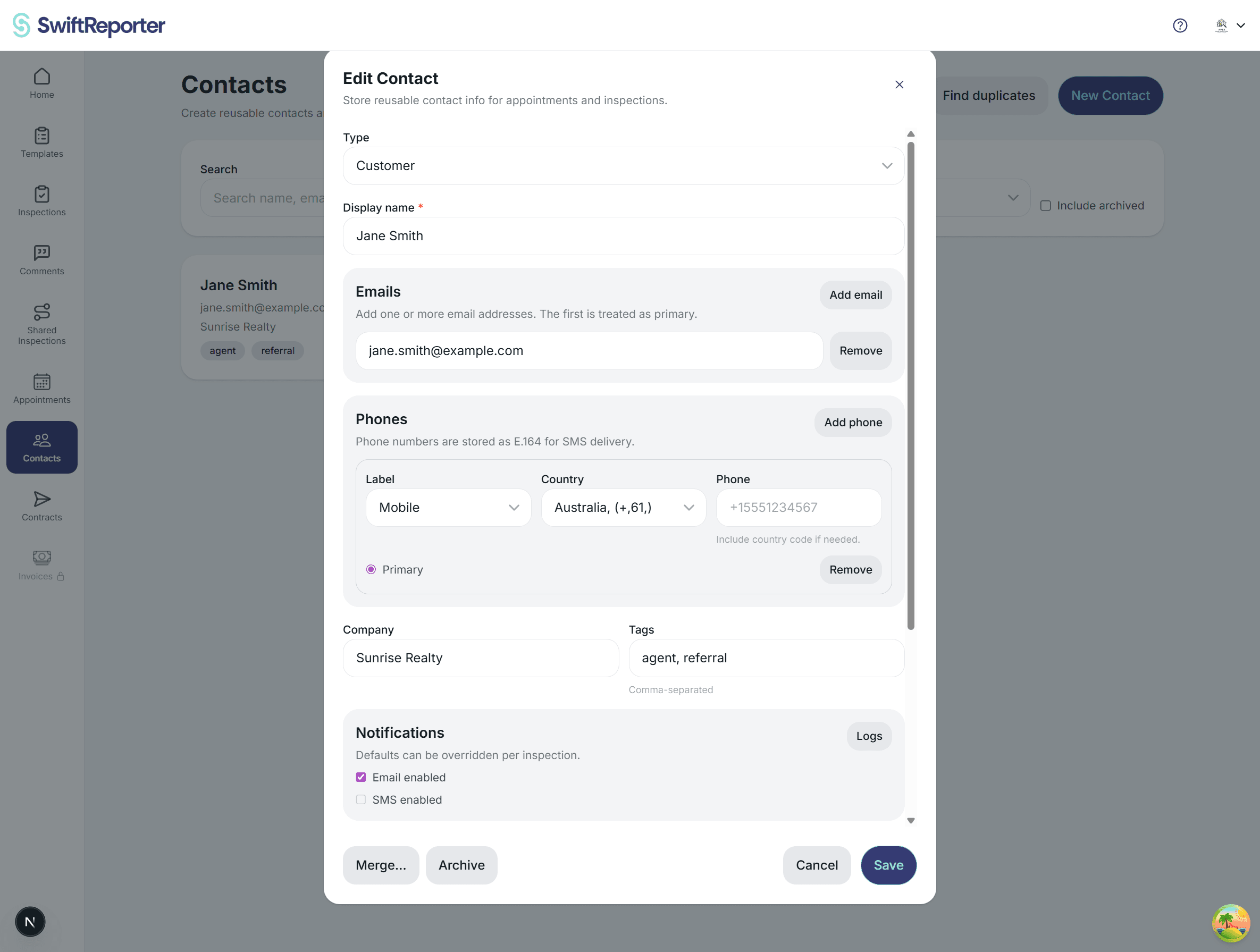 Customer contact notification settings